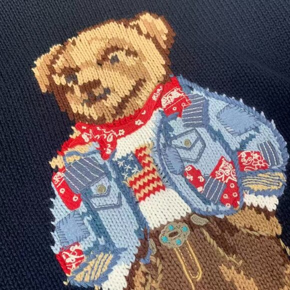 Polo Ralph Lauren Floral denim jacket with bear pattern, navy blue sweater - Picture 5 of 10